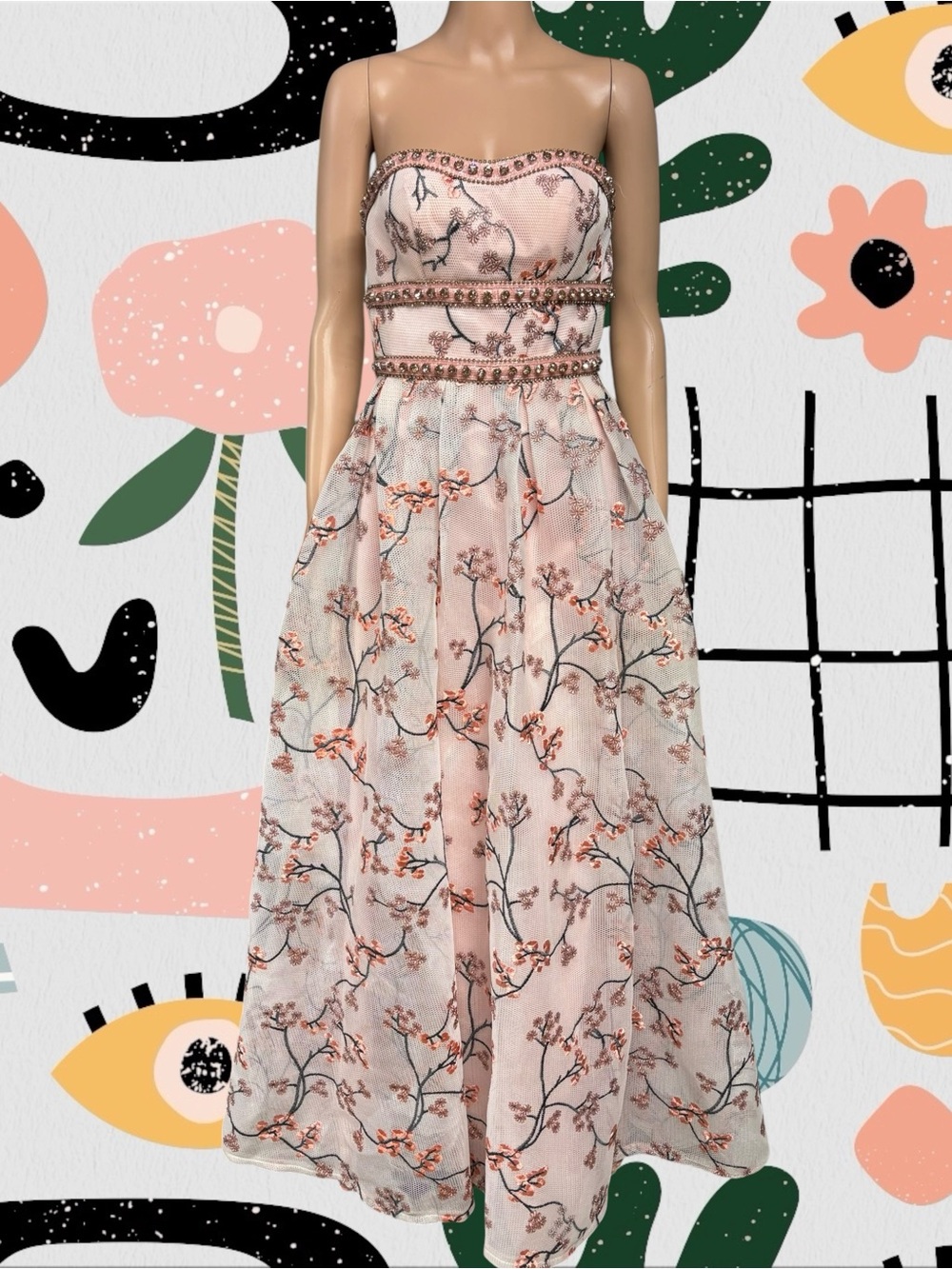 Colors Dress | Pink Mesh Net Cherry Blossom Embroidered Maxi Prom Dress Gown